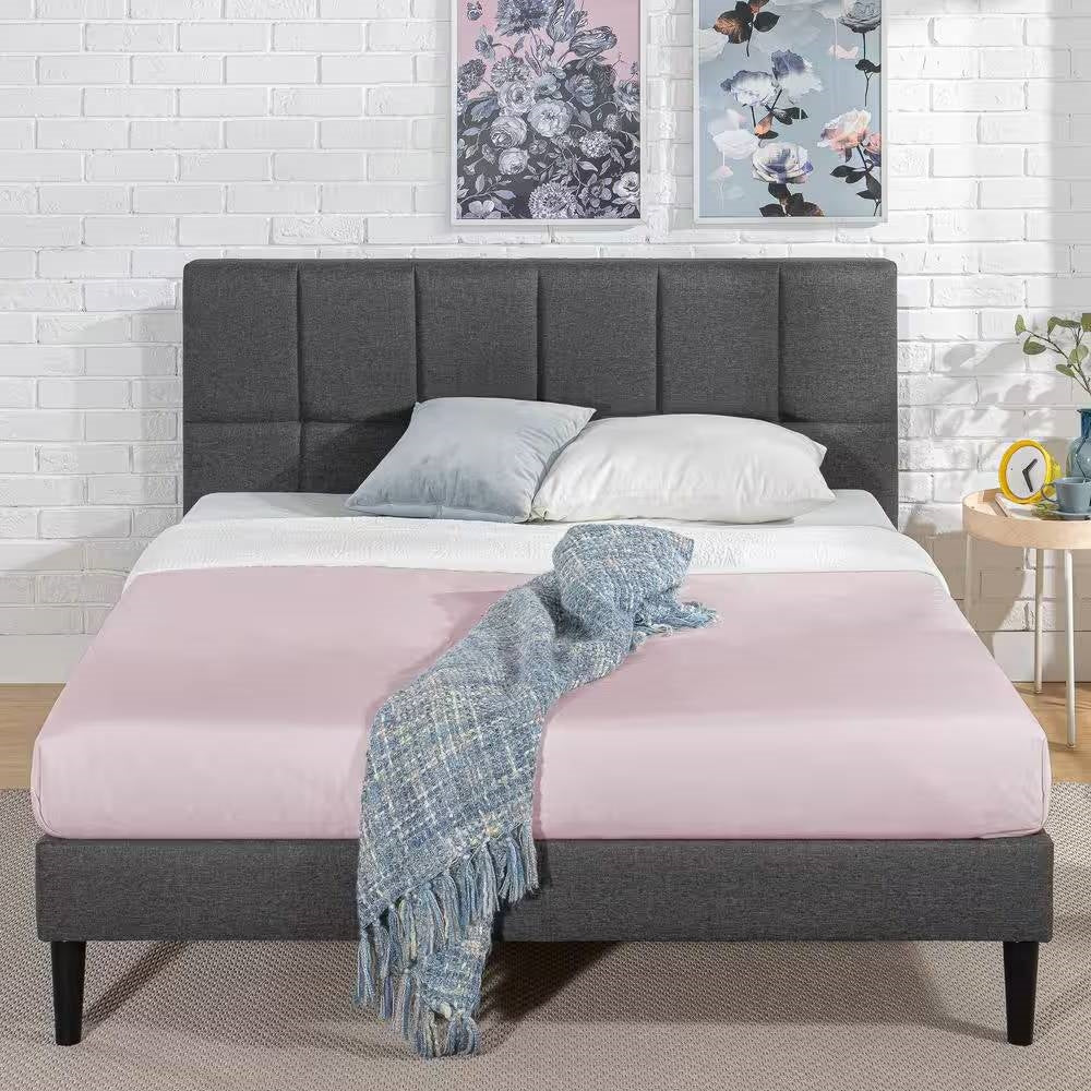 Queen size Grey Upholstered Platform Bed Frame with Padded Headboard - Tampa Home & Garden Store