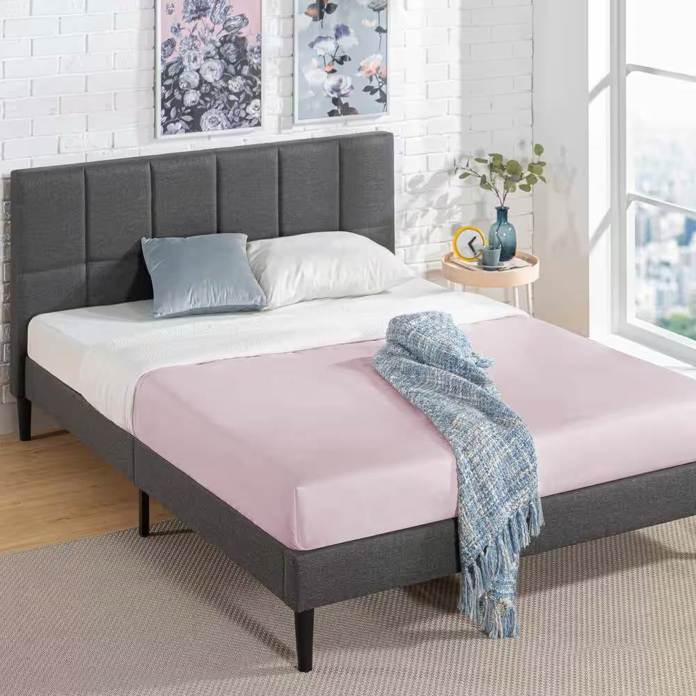 Queen size Grey Upholstered Platform Bed Frame with Padded Headboard - Tampa Home & Garden Store