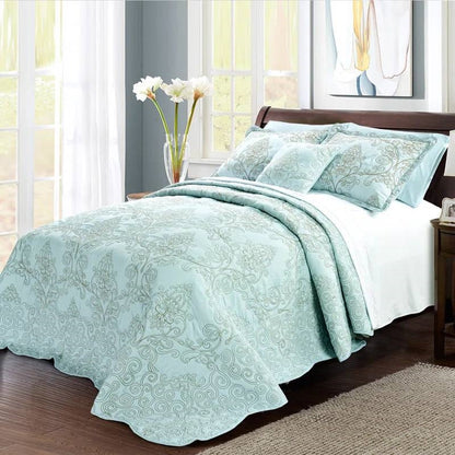 Queen size Light Blue Damask Embroidered 4 Piece Oversized Bedspread Set - Tampa Home & Garden Store