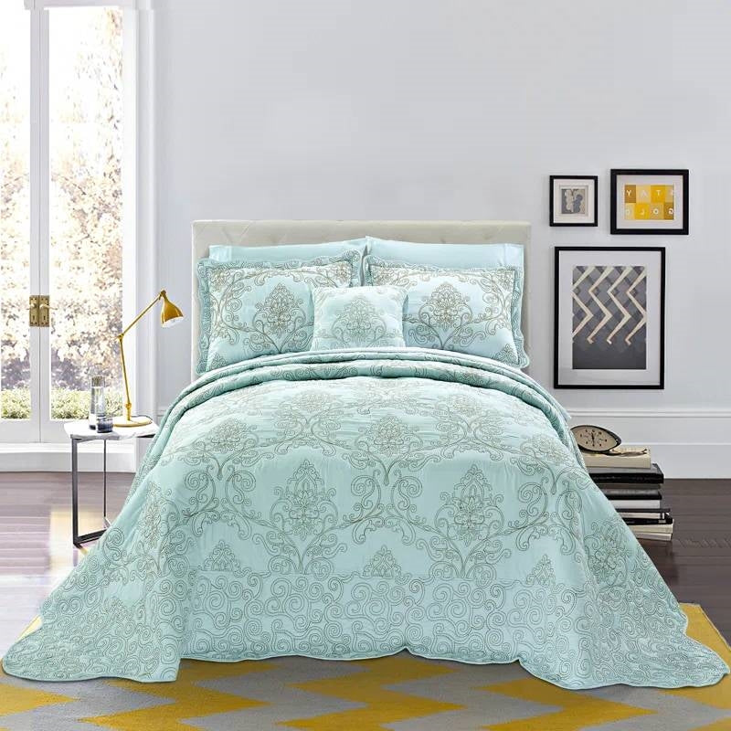 Queen size Light Blue Damask Embroidered 4 Piece Oversized Bedspread Set - Tampa Home & Garden Store