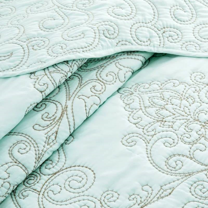Queen size Light Blue Damask Embroidered 4 Piece Oversized Bedspread Set - Tampa Home & Garden Store