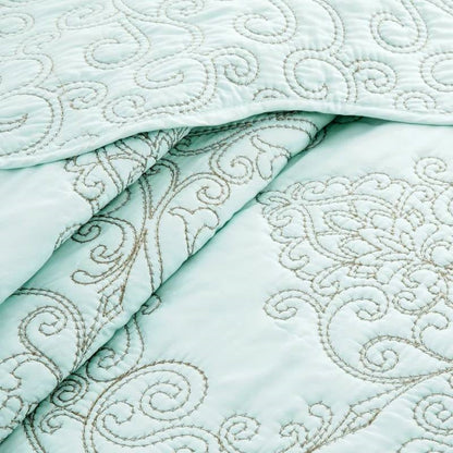 Queen size Light Blue Damask Embroidered 4 Piece Oversized Bedspread Set - Tampa Home & Garden Store