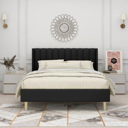 Queen size Mid-Century Black Linen Platform Bed Frame with Upholstered Headboard - Tampa Home & Garden Store