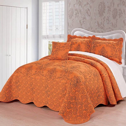 Queen size Orange Nectarine Damask Embroidered 4 Piece Oversized Bedspread Set - Tampa Home & Garden Store