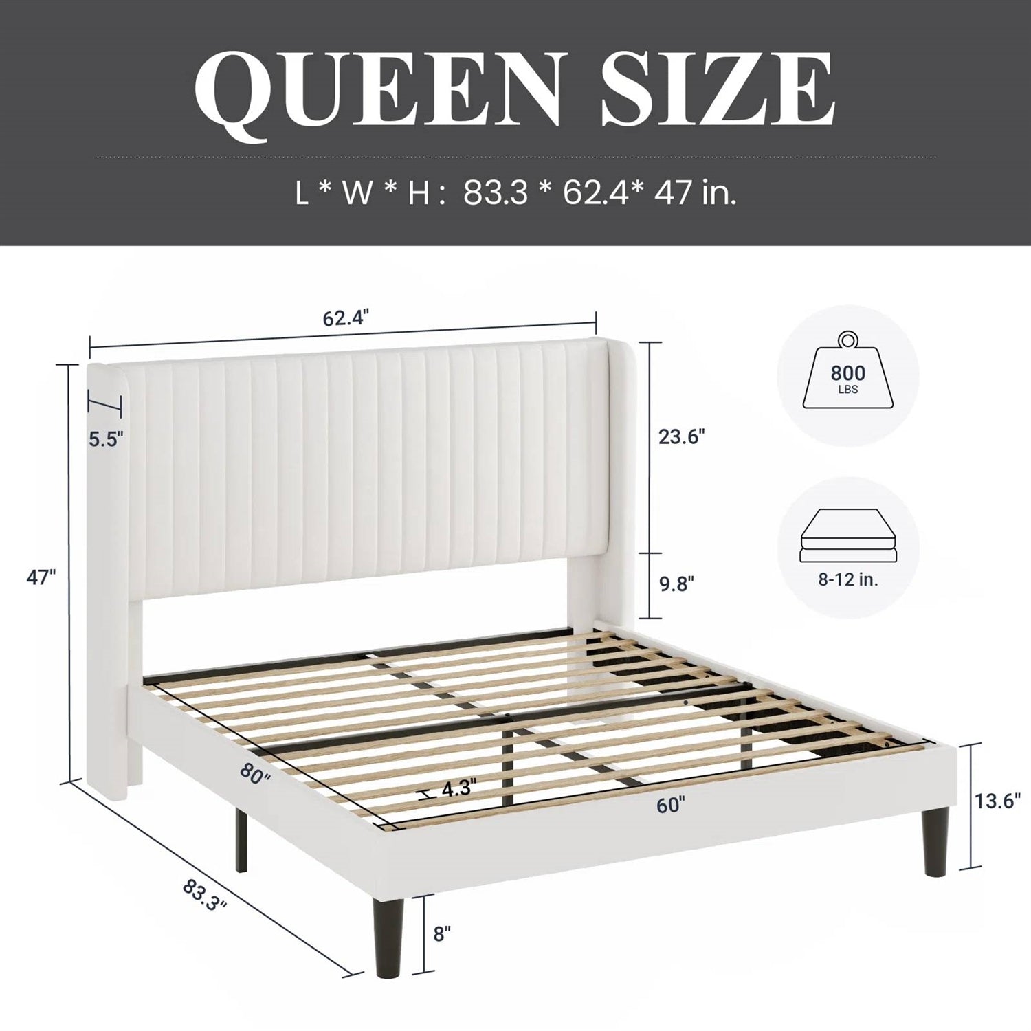 Queen size White Velvet Upholstered Platform Bed Frame with Wingback Headboard - Tampa Home & Garden Store
