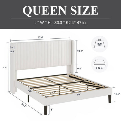Queen size White Velvet Upholstered Platform Bed Frame with Wingback Headboard - Tampa Home & Garden Store