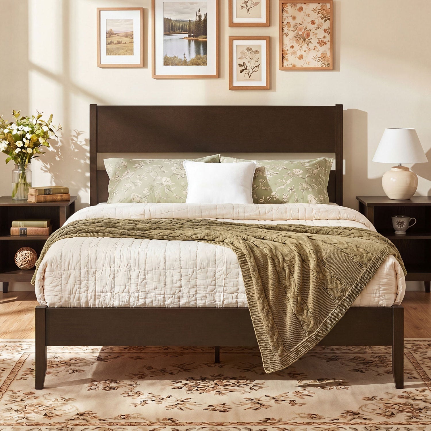 Queen bed frame with headboard and solid wood legs in dark espresso with nightstands on Tampa Home & Garden Store