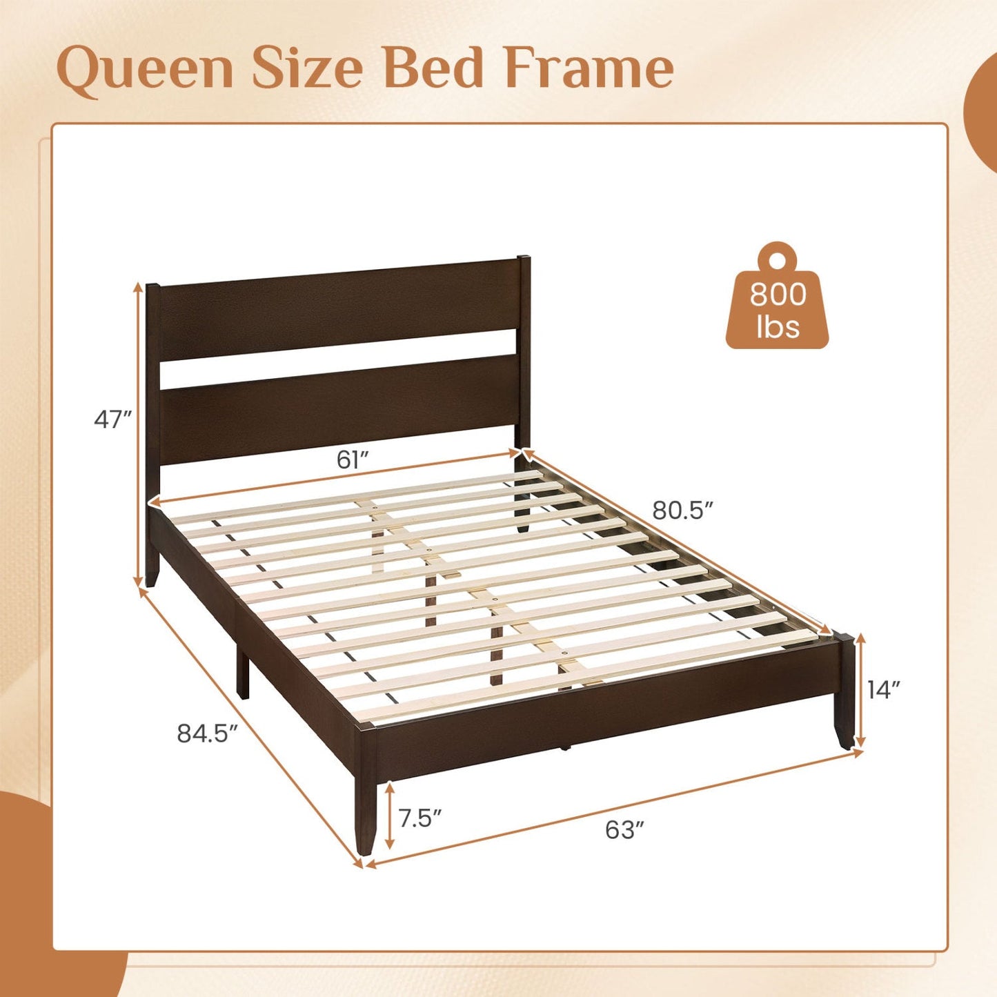Queen Bed Frame with Headboard and Solid Wood Legs in dark brown by DirectDeals, slatted base on Tampa Home & Garden Store