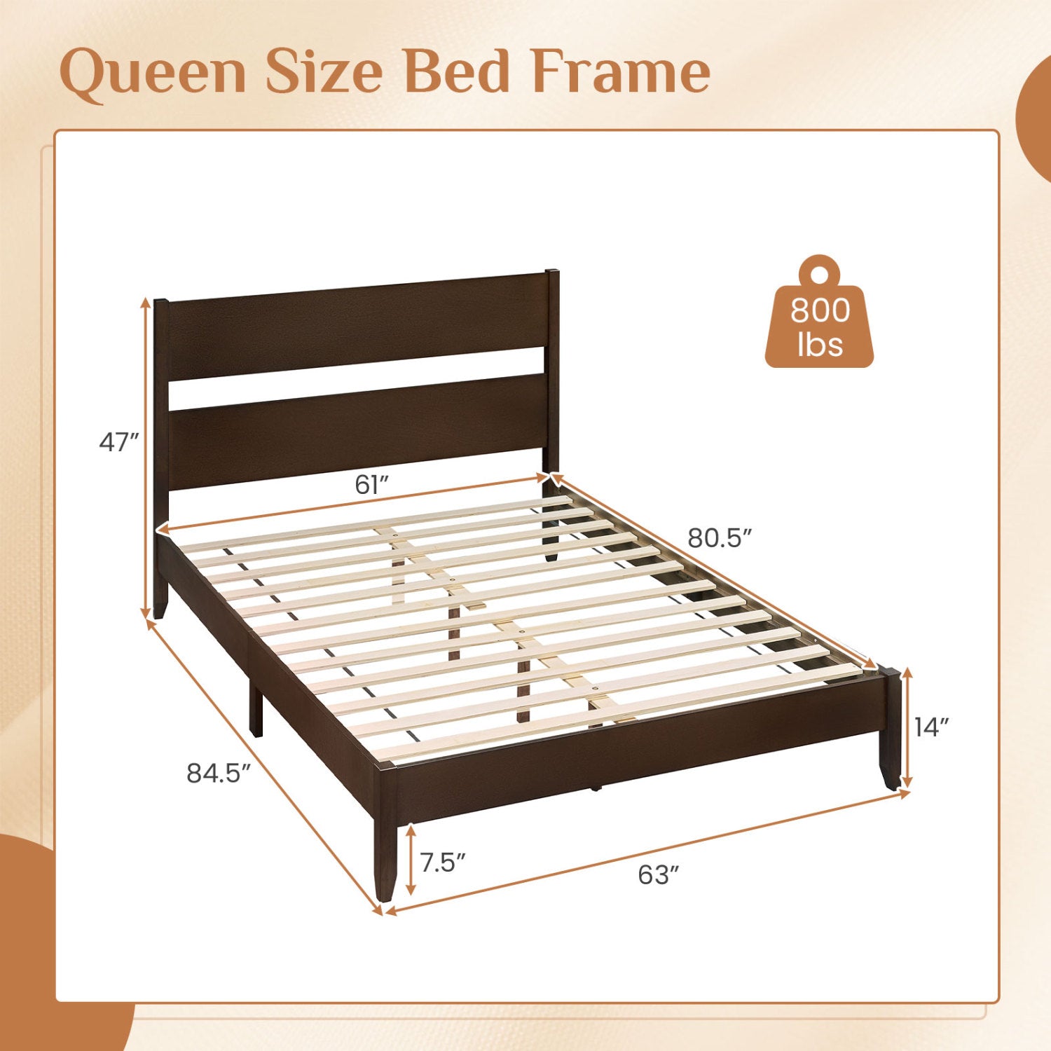 Queen Bed Frame with Headboard and Solid Wood Legs in dark brown by DirectDeals, slatted base on Tampa Home & Garden Store