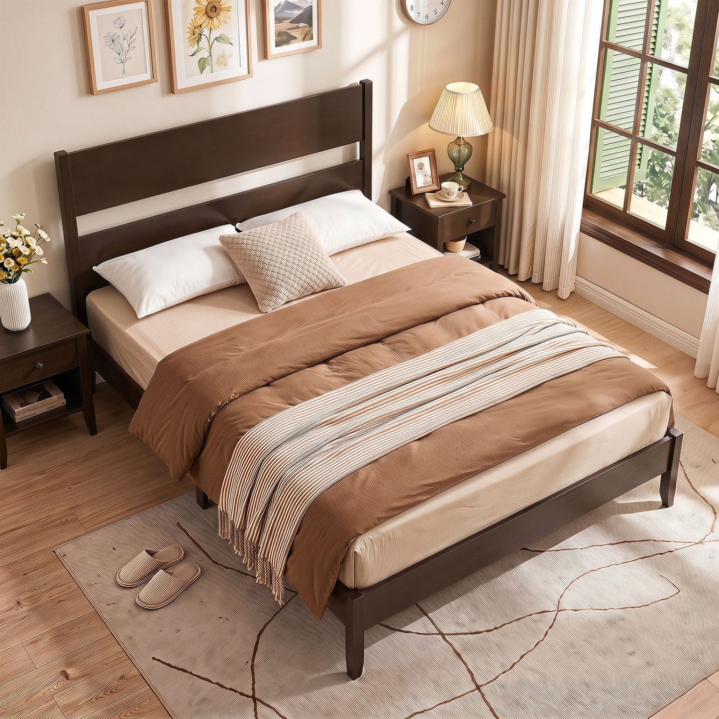 Queen Bed Frame with Headboard, dark brown solid wood legs by DirectDeals on Tampa Home & Garden Store