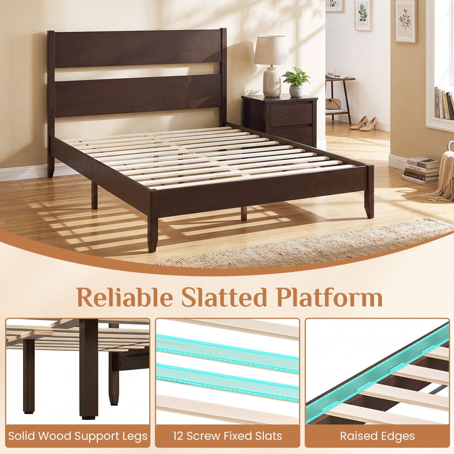 Queen Bed Frame with Headboard and Solid Wood Legs in dark wood finish by DirectDeals on Tampa Home & Garden Store