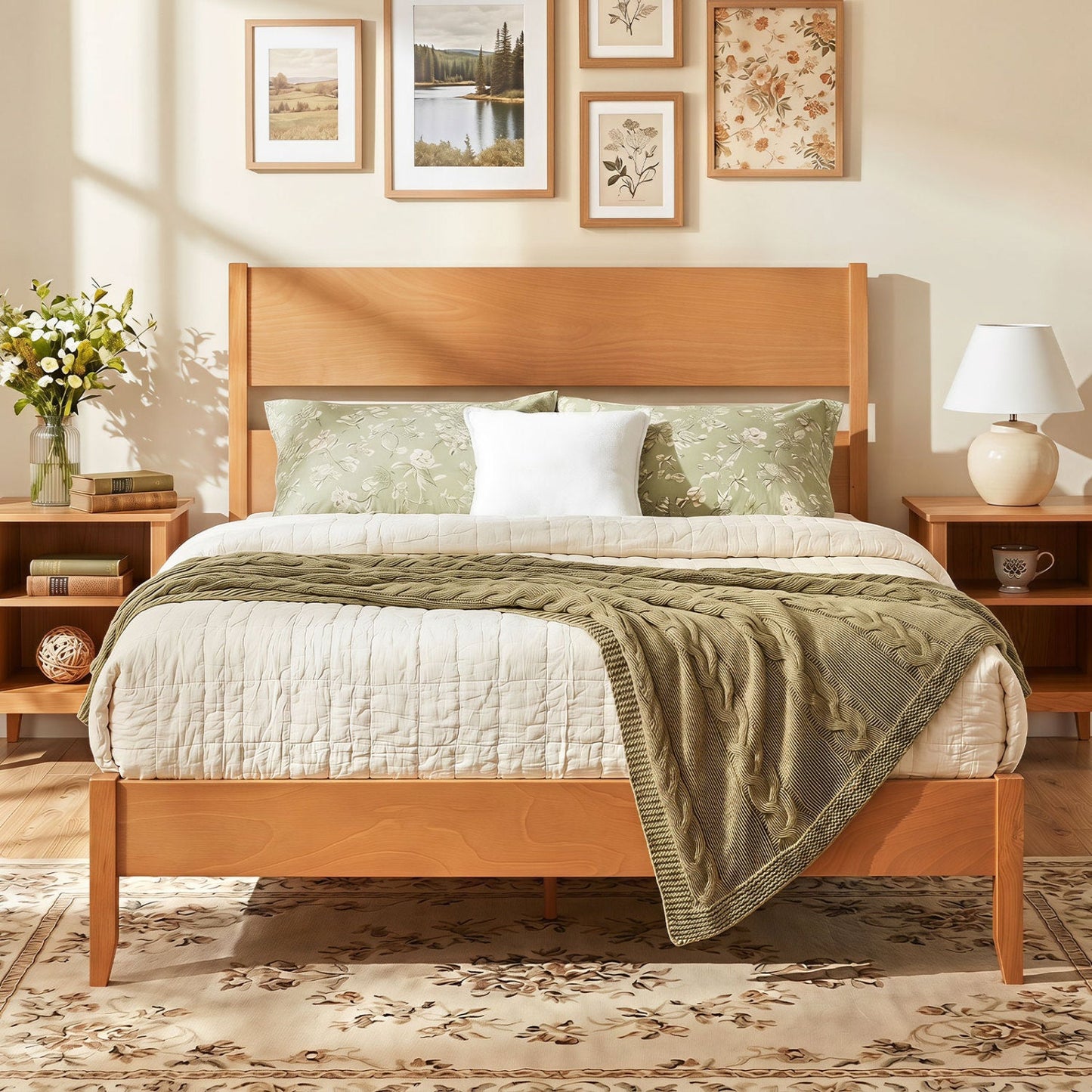 Queen bed frame with headboard and solid wood legs by DirectDeals, two nightstands on Tampa Home & Garden Store