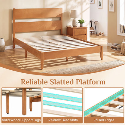Queen bed frame with headboard and solid wood legs in warm oak finish with slatted platform on Tampa Home & Garden Store