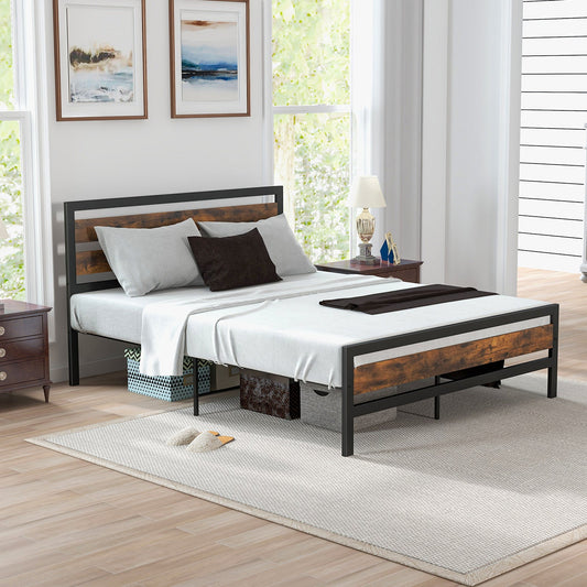 Full/Queen Industrial Bed Frame with Rustic Headboard and Footboard-Queen Size - Tampa Home & Garden Store