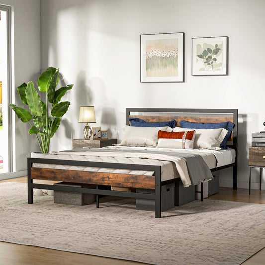 Full/Queen Industrial Bed Frame with Rustic Headboard and Footboard-Queen Size - Tampa Home & Garden Store
