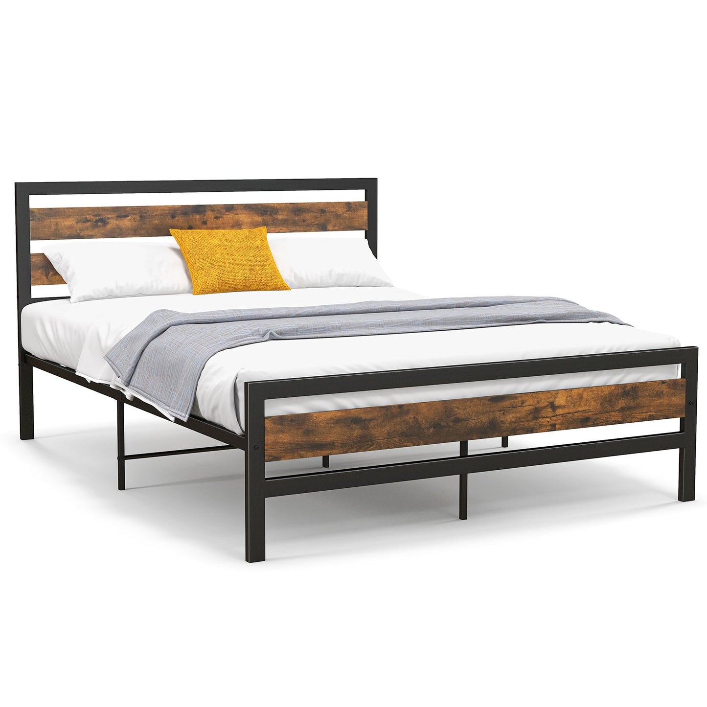 Estructura de cama industrial Full/Queen con cabecera y pie de cama rústicos - Tamaño Queen