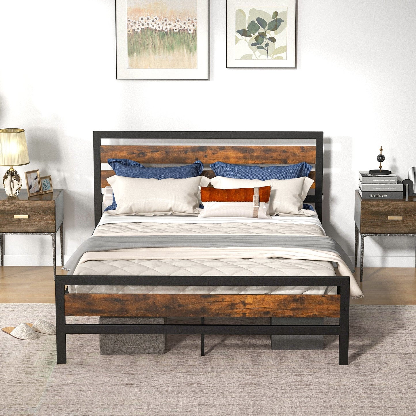 Estructura de cama industrial Full/Queen con cabecera y pie de cama rústicos - Tamaño Queen