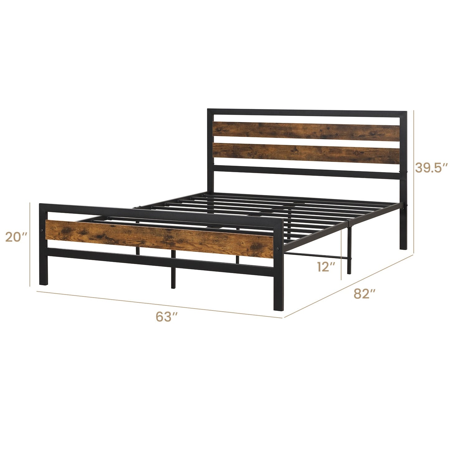 Estructura de cama industrial Full/Queen con cabecera y pie de cama rústicos - Tamaño Queen