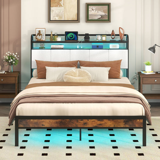 Twin/Full/Queen/King Size Bed Frame with LED Light and Charging Station-Queen Size - Tampa Home & Garden Store