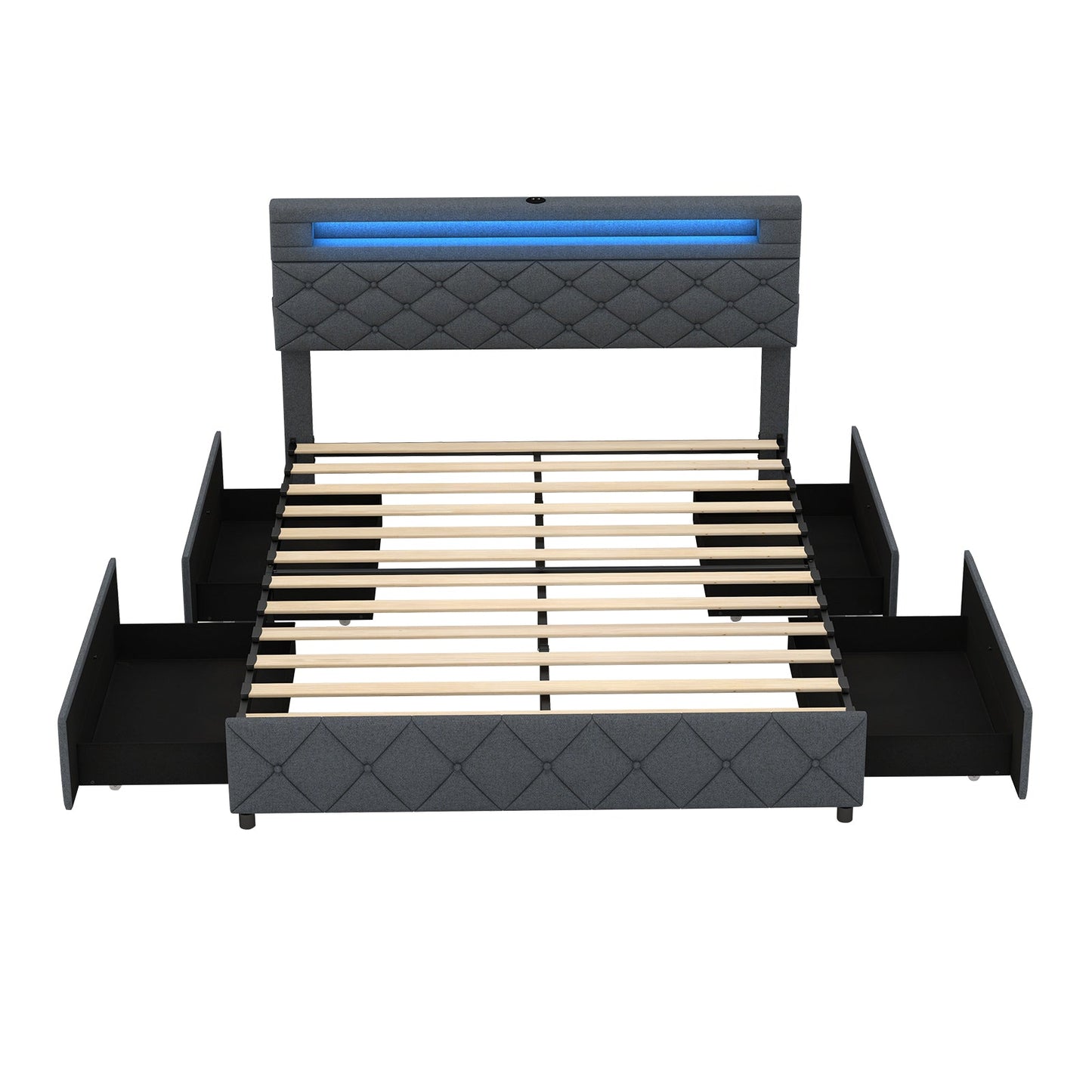 Base de Cama Tamaño Matrimonial/Queen con Cabecera Ajustable con Almacenamiento y Soporte de Láminas de Madera-Matrimonial