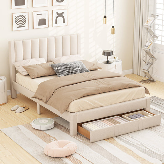 Queen Size Bed Frame with Storage Drawer and Vertical Channel Headboard - Tampa Home & Garden Store