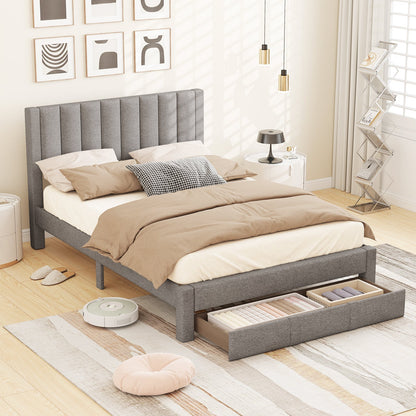 Queen Size Bed Frame with Storage Drawer and Vertical Channel Headboard