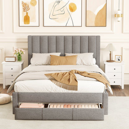 Queen Size Bed Frame with Storage Drawer and Vertical Channel Headboard