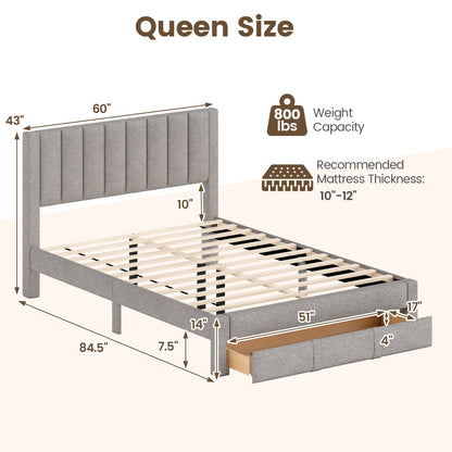 Queen Size Bed Frame with Storage Drawer and Vertical Channel Headboard