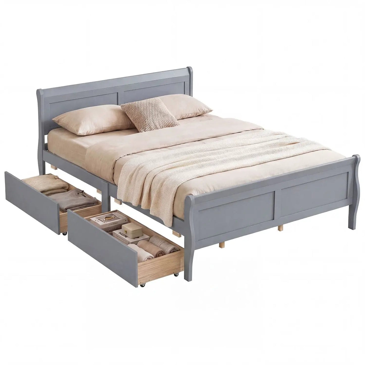 Queen Size Bed Frame with 2 Storage Drawers and Footboard