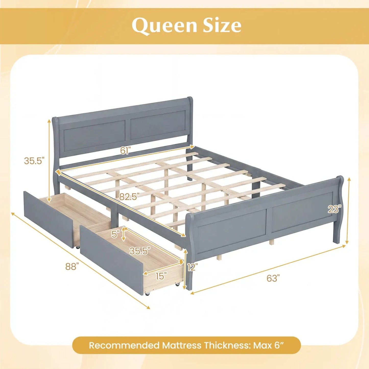 Queen Size Bed Frame with 2 Storage Drawers and Footboard