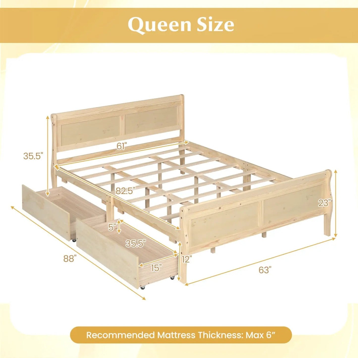 Queen Size Bed Frame with 2 Storage Drawers and Footboard