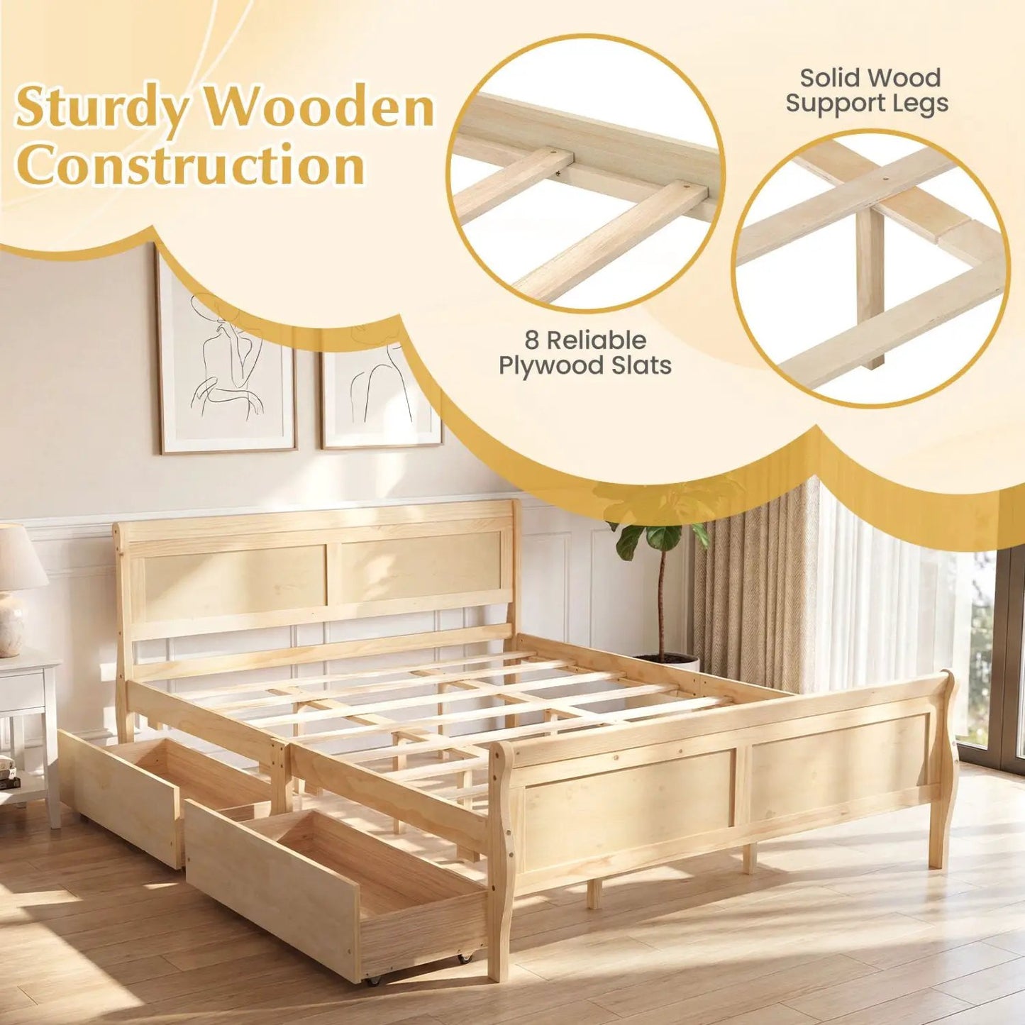 Queen Size Bed Frame with 2 Storage Drawers and Footboard