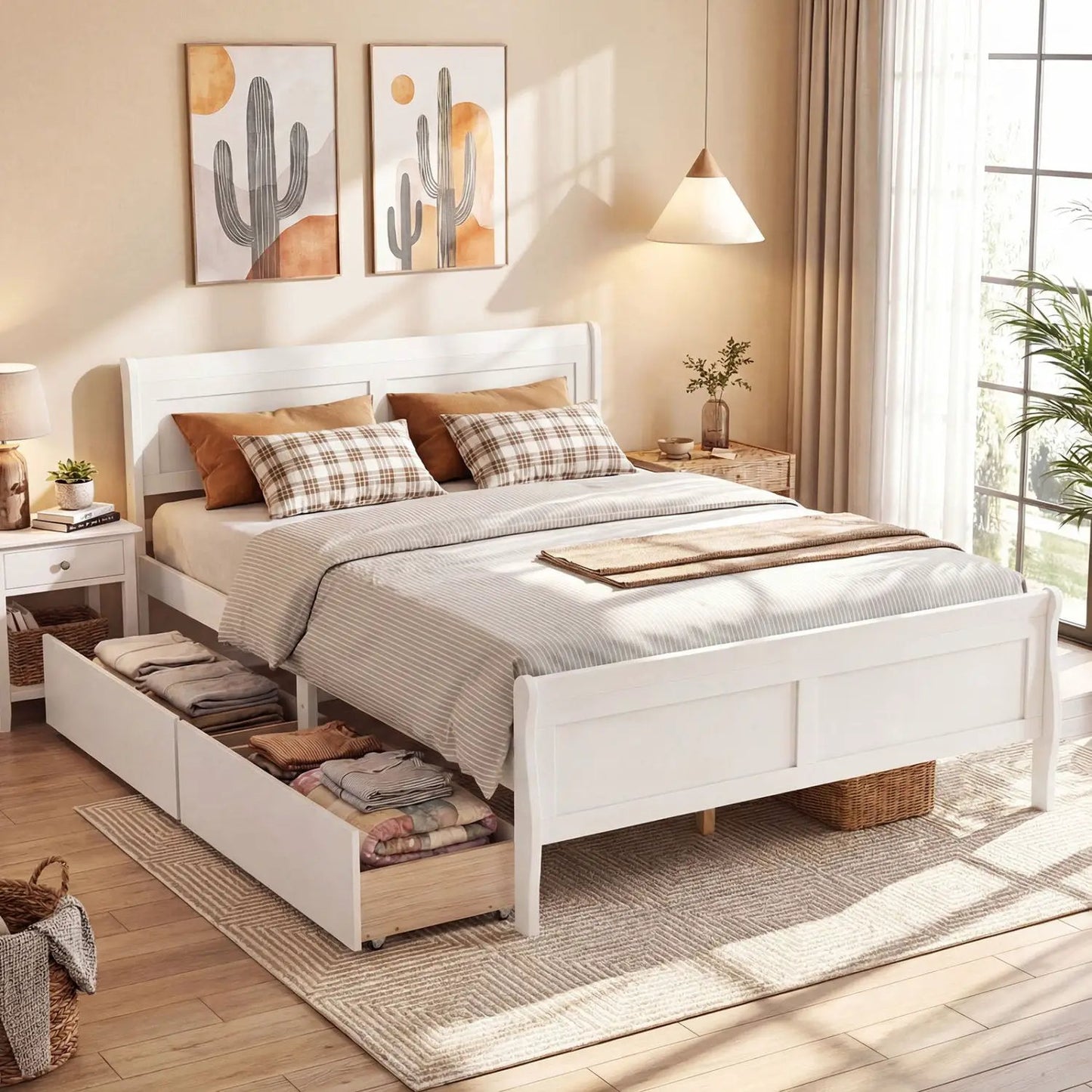 Queen Size Bed Frame with 2 Storage Drawers and Footboard