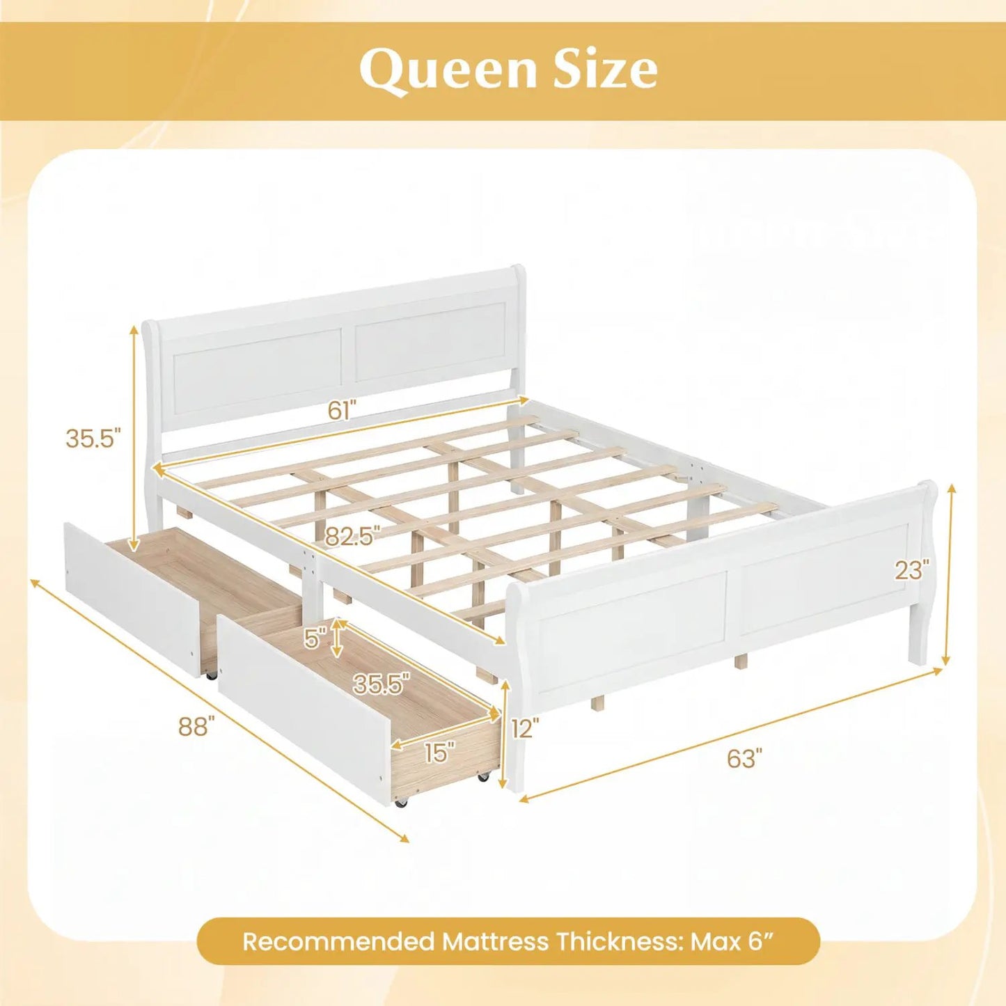 Queen Size Bed Frame with 2 Storage Drawers and Footboard