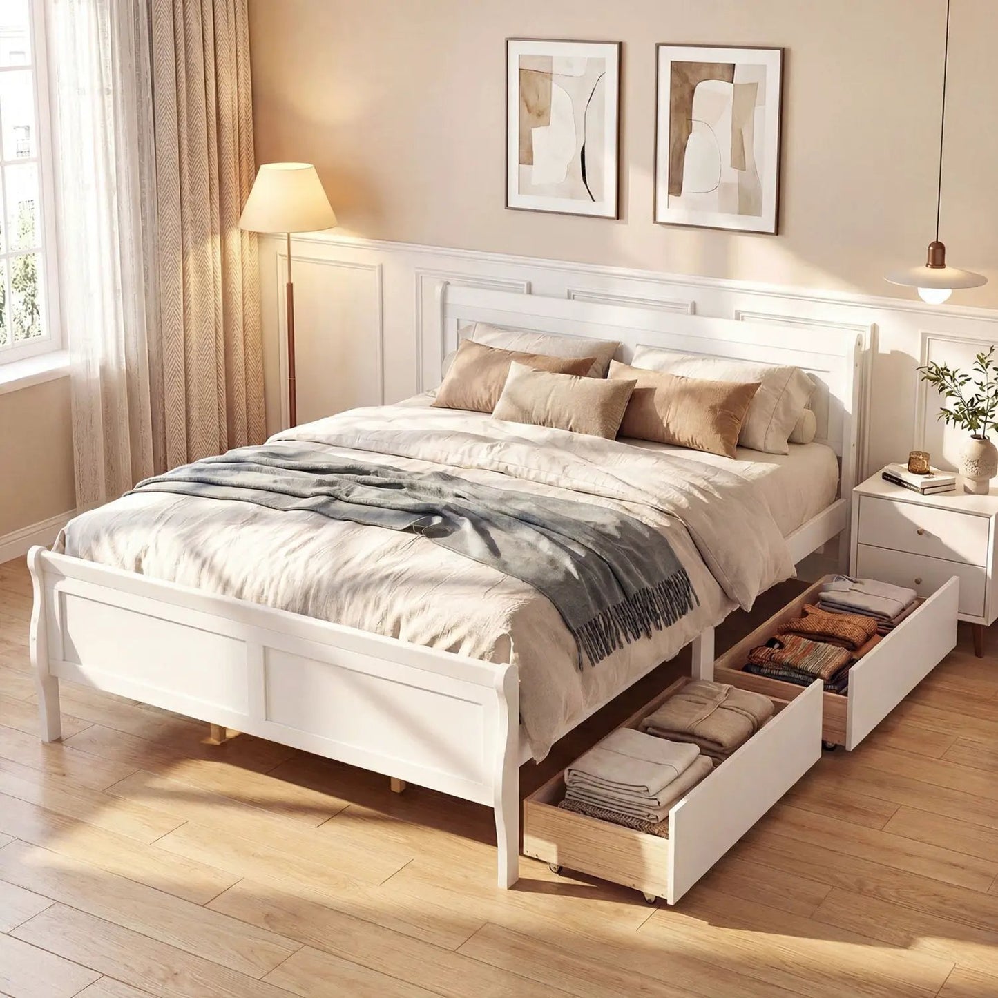 Queen Size Bed Frame with 2 Storage Drawers and Footboard