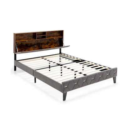 Base de Cama Tapizada con Cabecero de Almacenamiento Tamaño Matrimonial/Queen-Tamaño Matrimonial