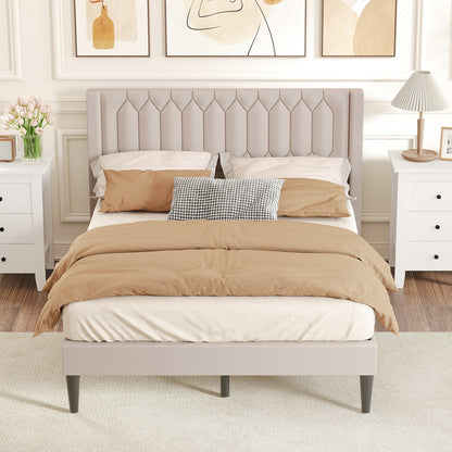 Queen Size Dutch Velvet/Linen Fabric Upholstered Platform Bed with Wingback Headboard and Wooden Slat Support