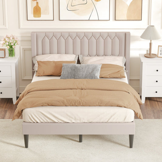 Queen Size Dutch Velvet/Linen Fabric Upholstered Platform Bed with Wingback Headboard and Wooden Slat Support - Tampa Home & Garden Store