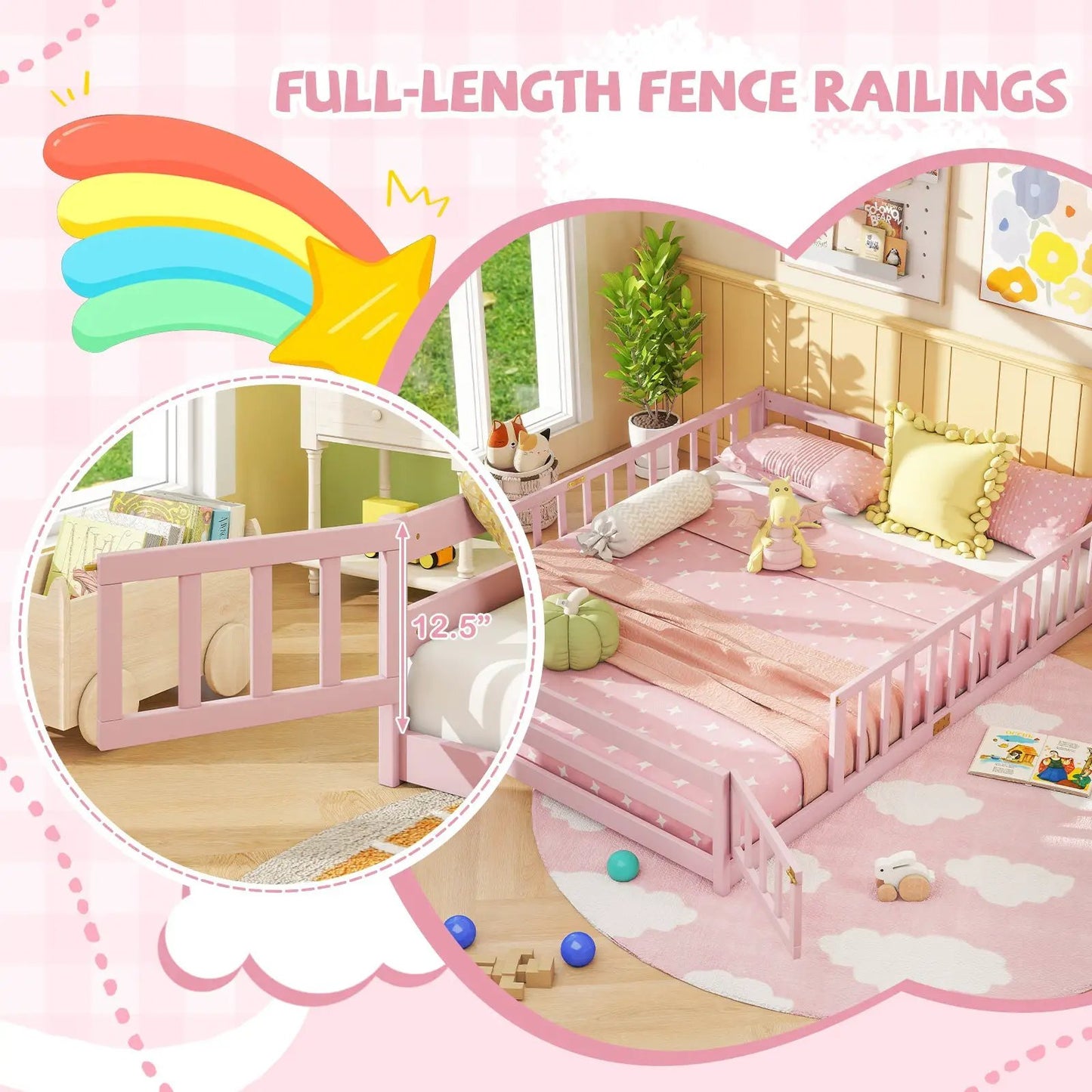 Queen Size Floor Bed For Kids With Guardrails