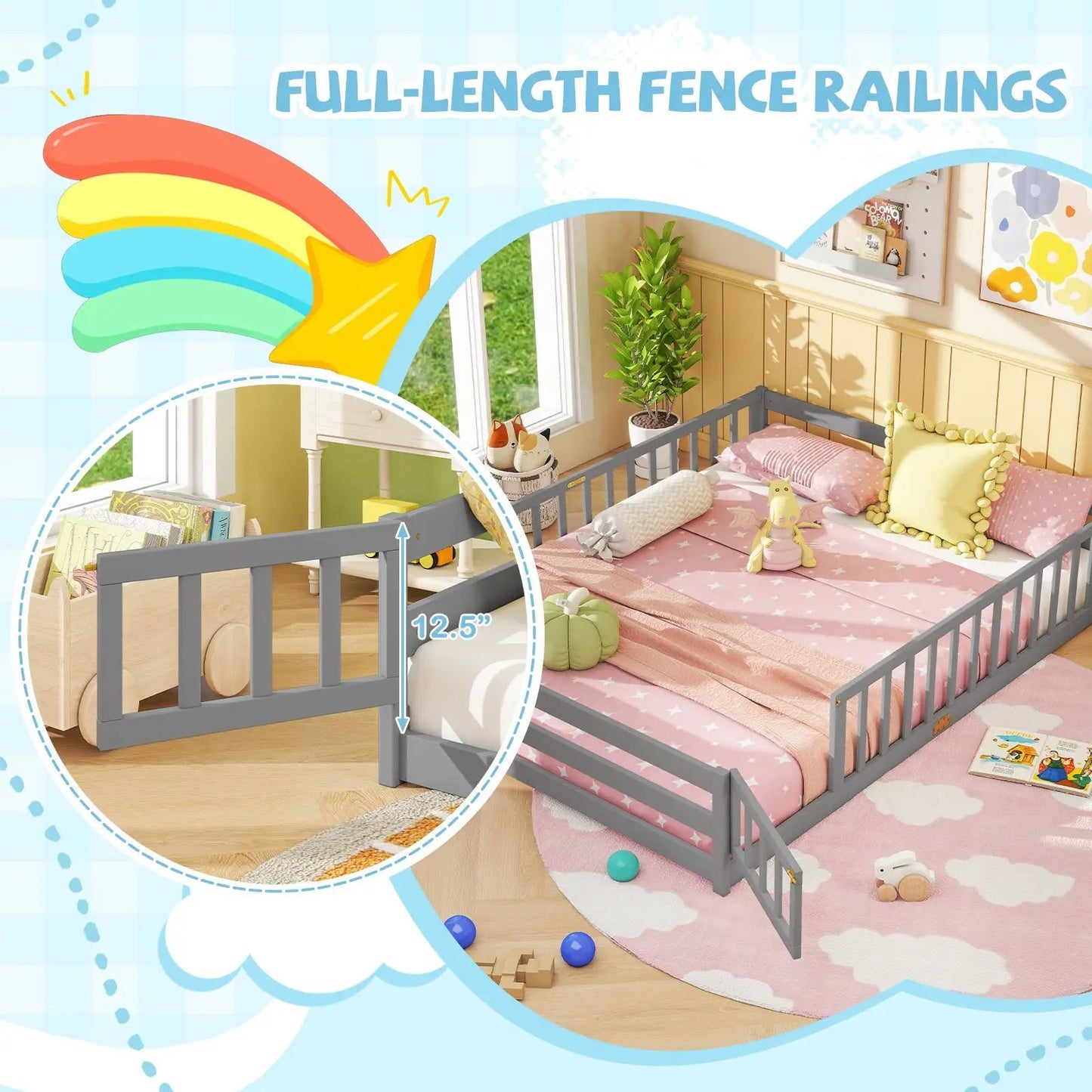 Queen Size Floor Bed For Kids With Guardrails