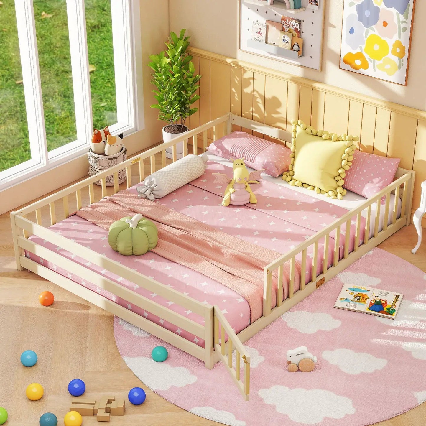 Queen Size Floor Bed For Kids With Guardrails