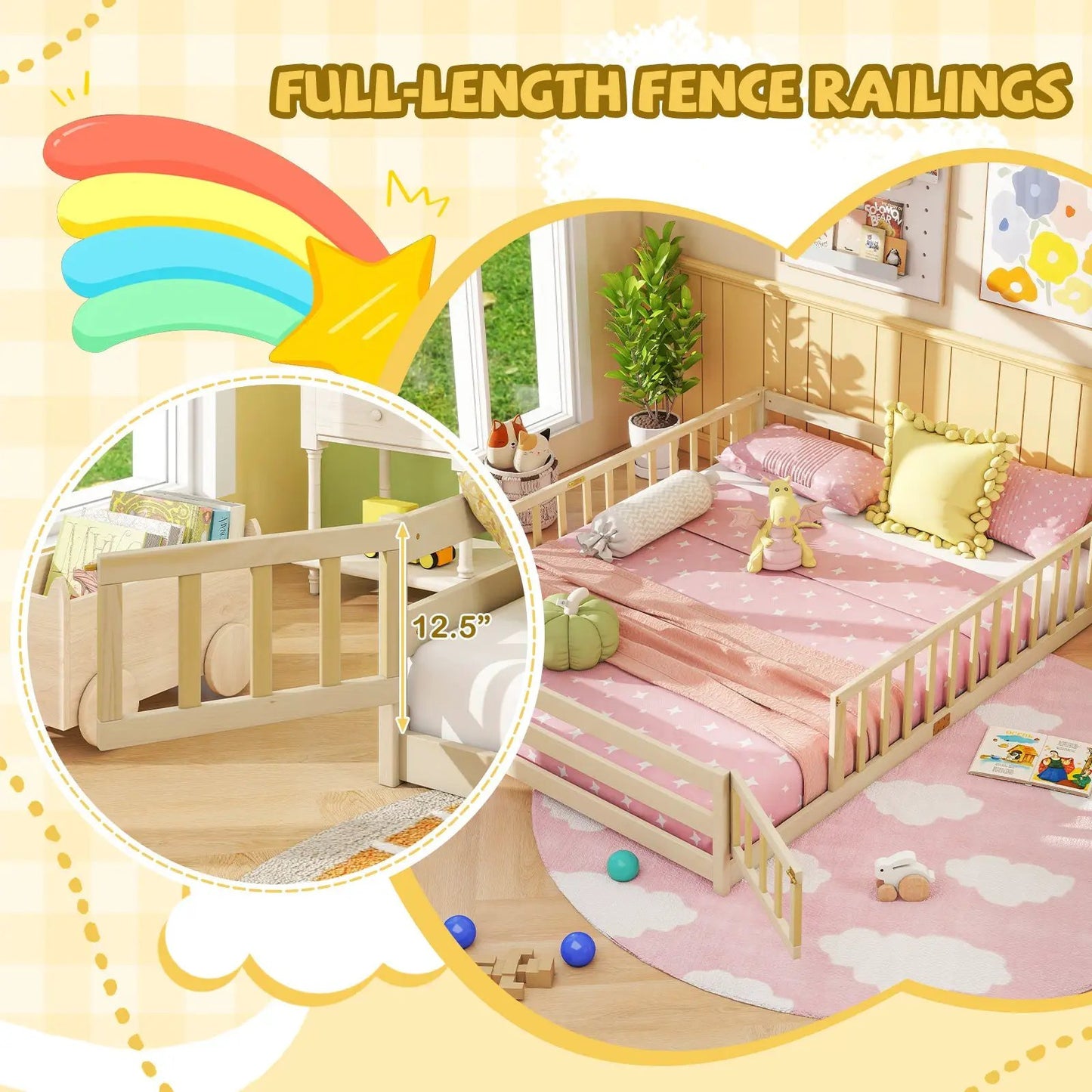 Queen Size Floor Bed For Kids With Guardrails