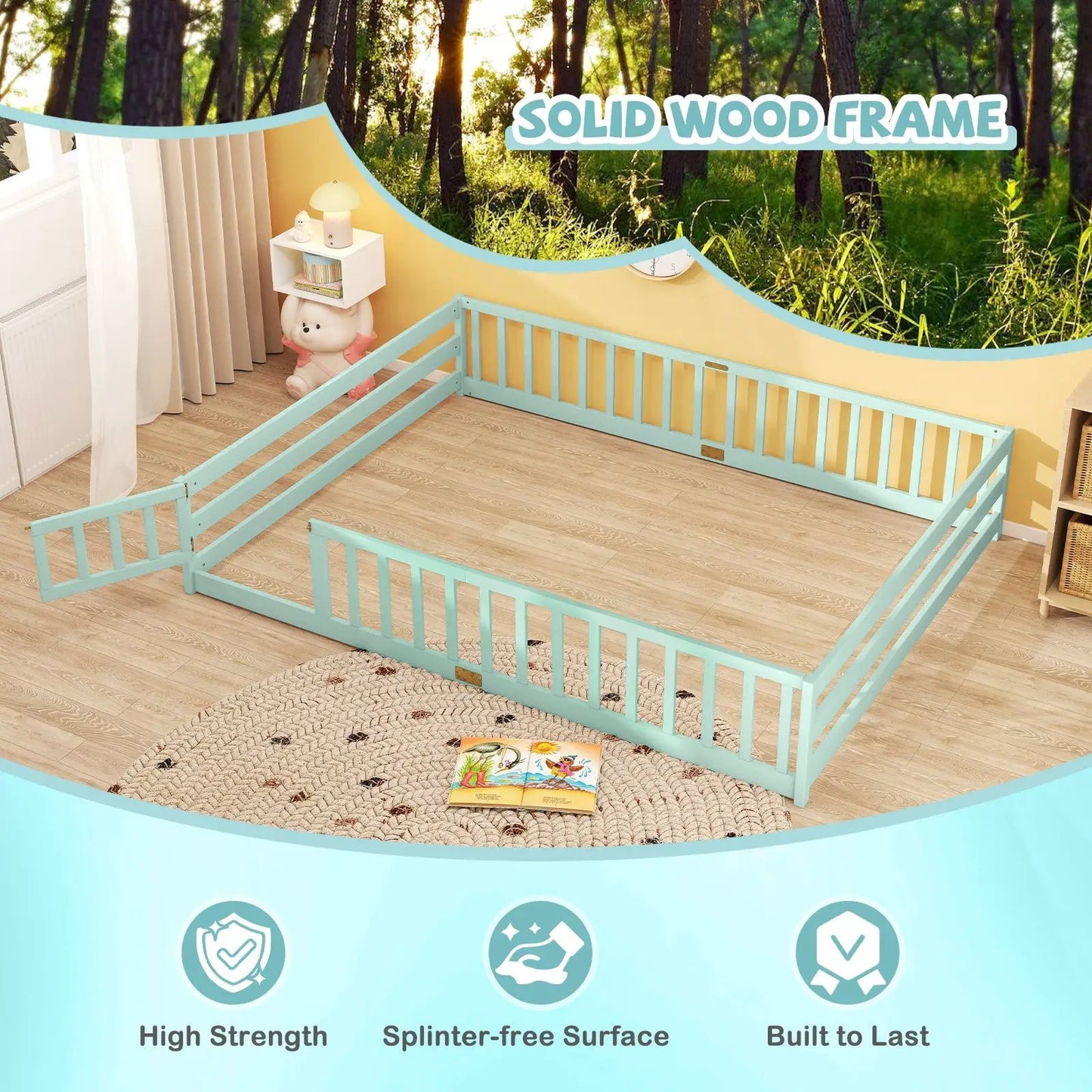 Queen Size Floor Bed For Kids With Guardrails