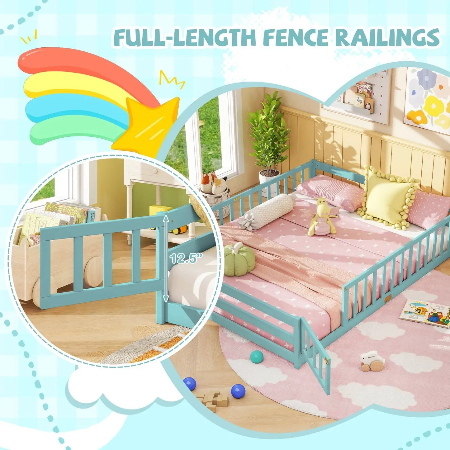 Queen Size Floor Bed For Kids With Guardrails