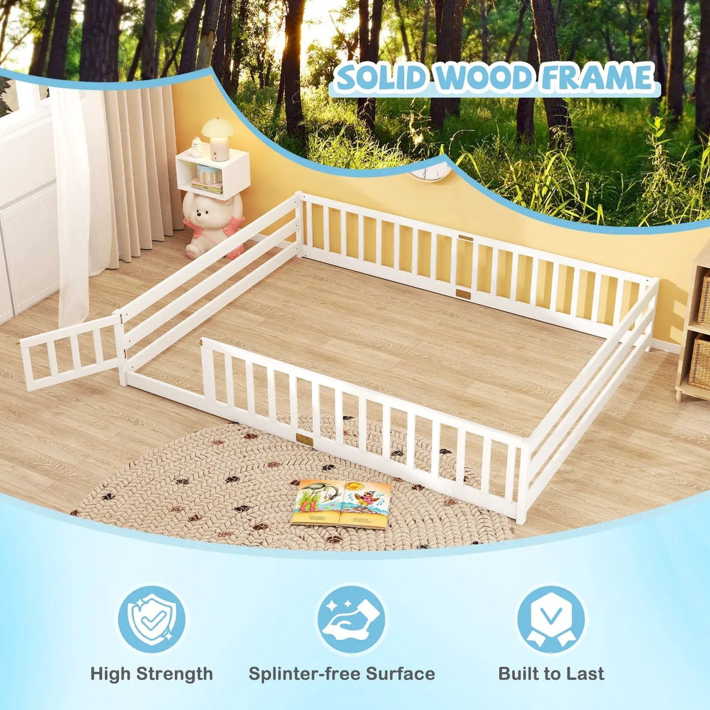Queen Size Floor Bed For Kids With Guardrails