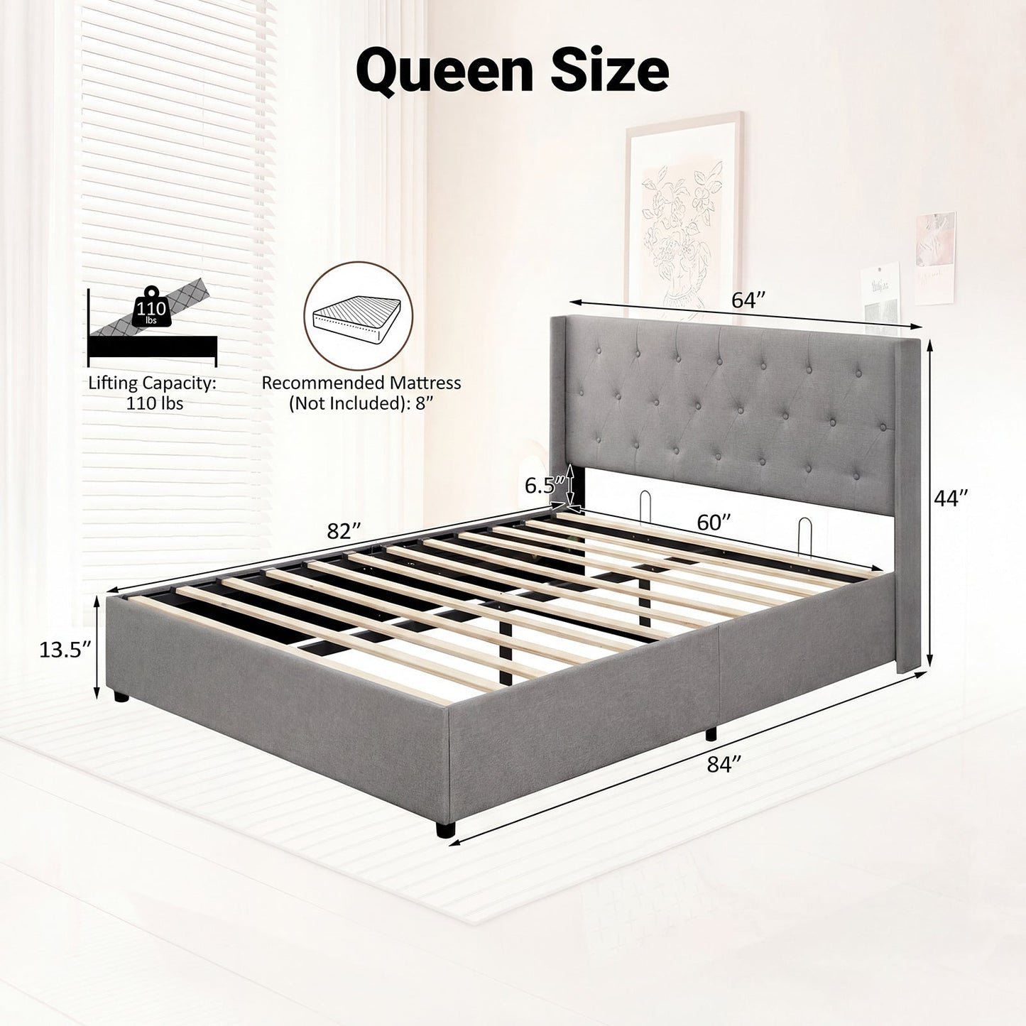 Queen Size Lift-up Storage Bed Modern Linen Upholstered Platform Bed