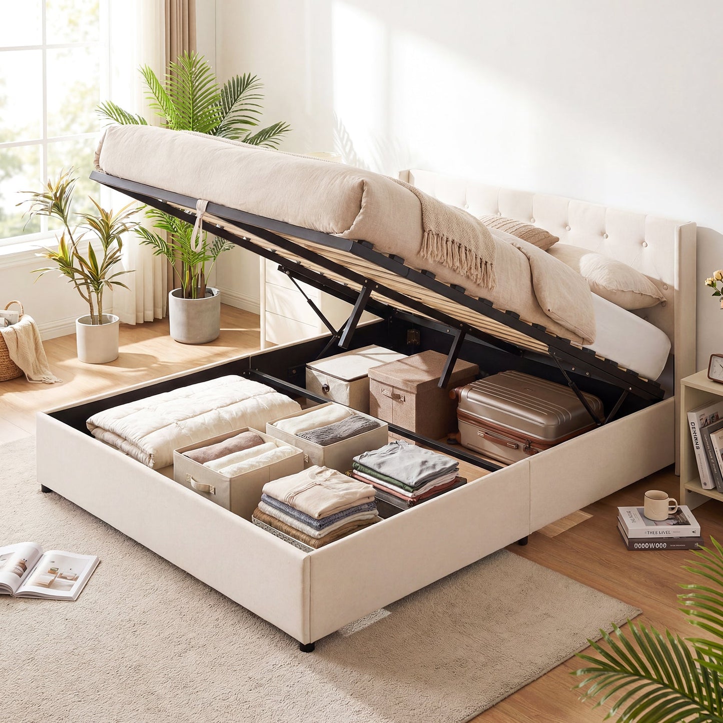 Queen Size Lift-up Storage Bed Modern Linen Upholstered Platform Bed