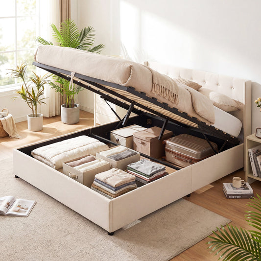 Queen Size Lift-up Storage Bed Modern Linen Upholstered Platform Bed - Tampa Home & Garden Store