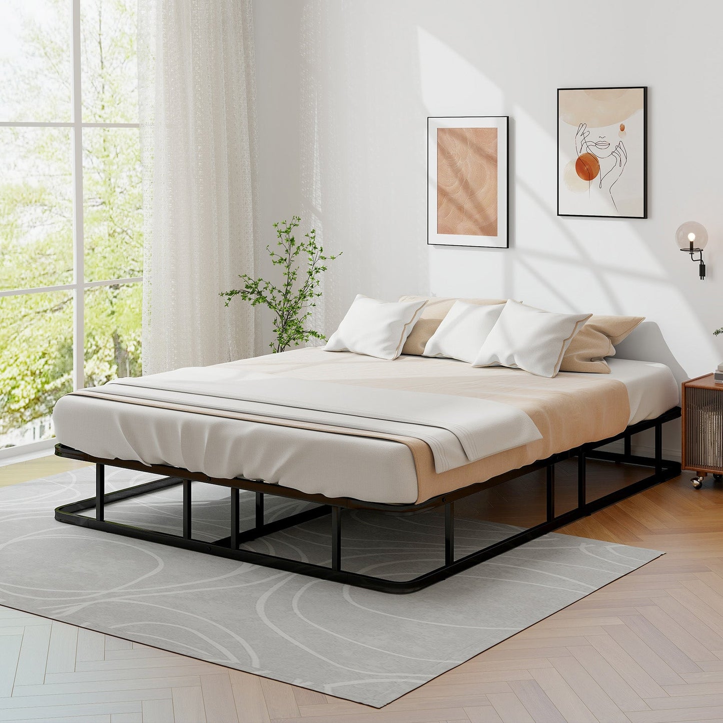 Base de cama tamaño queen con soporte de listones de metal