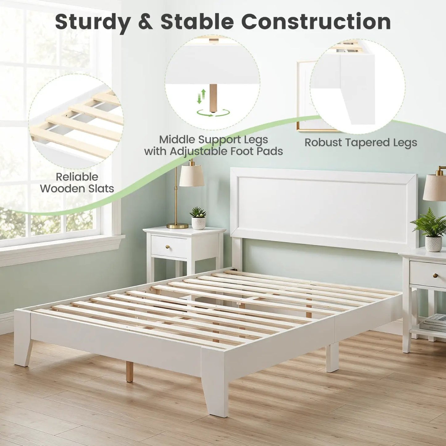 Queen Platform Bed Frame with Headboard White